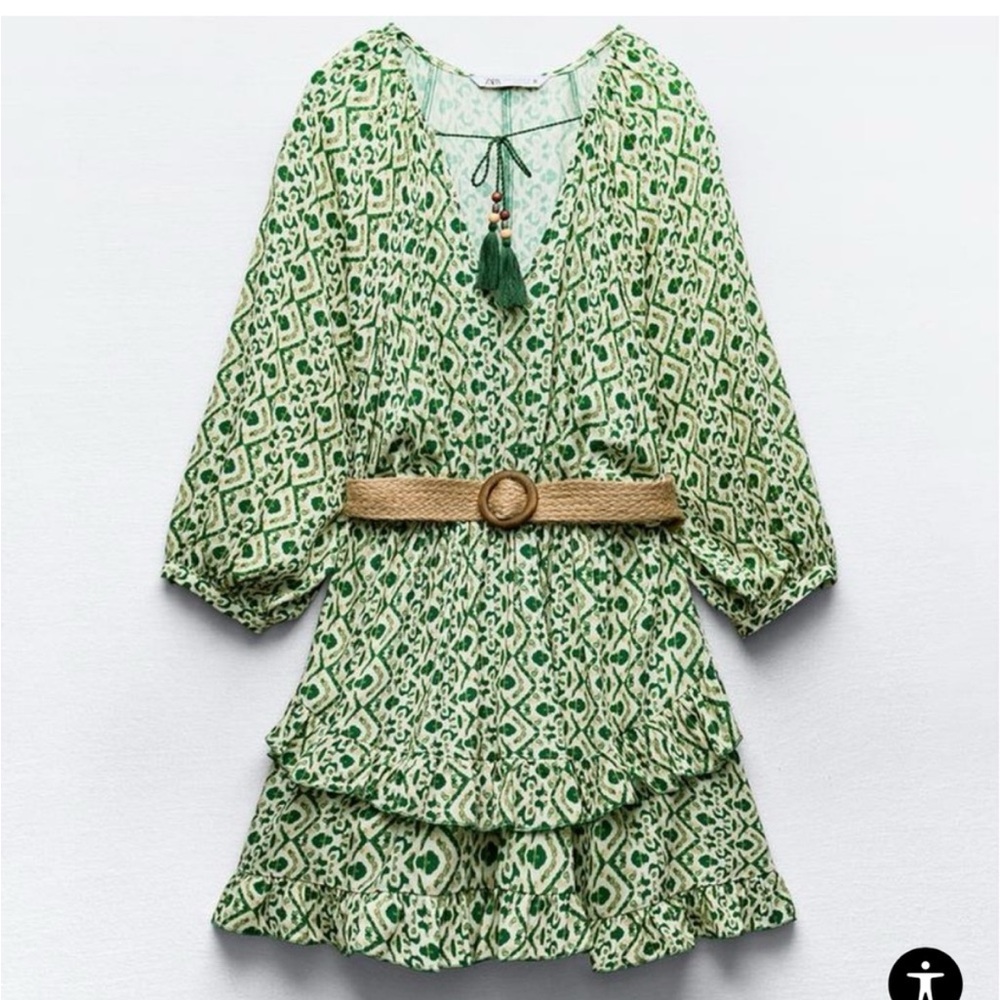 NWOT Zara Green White Ruffle Dress Boho Size XS